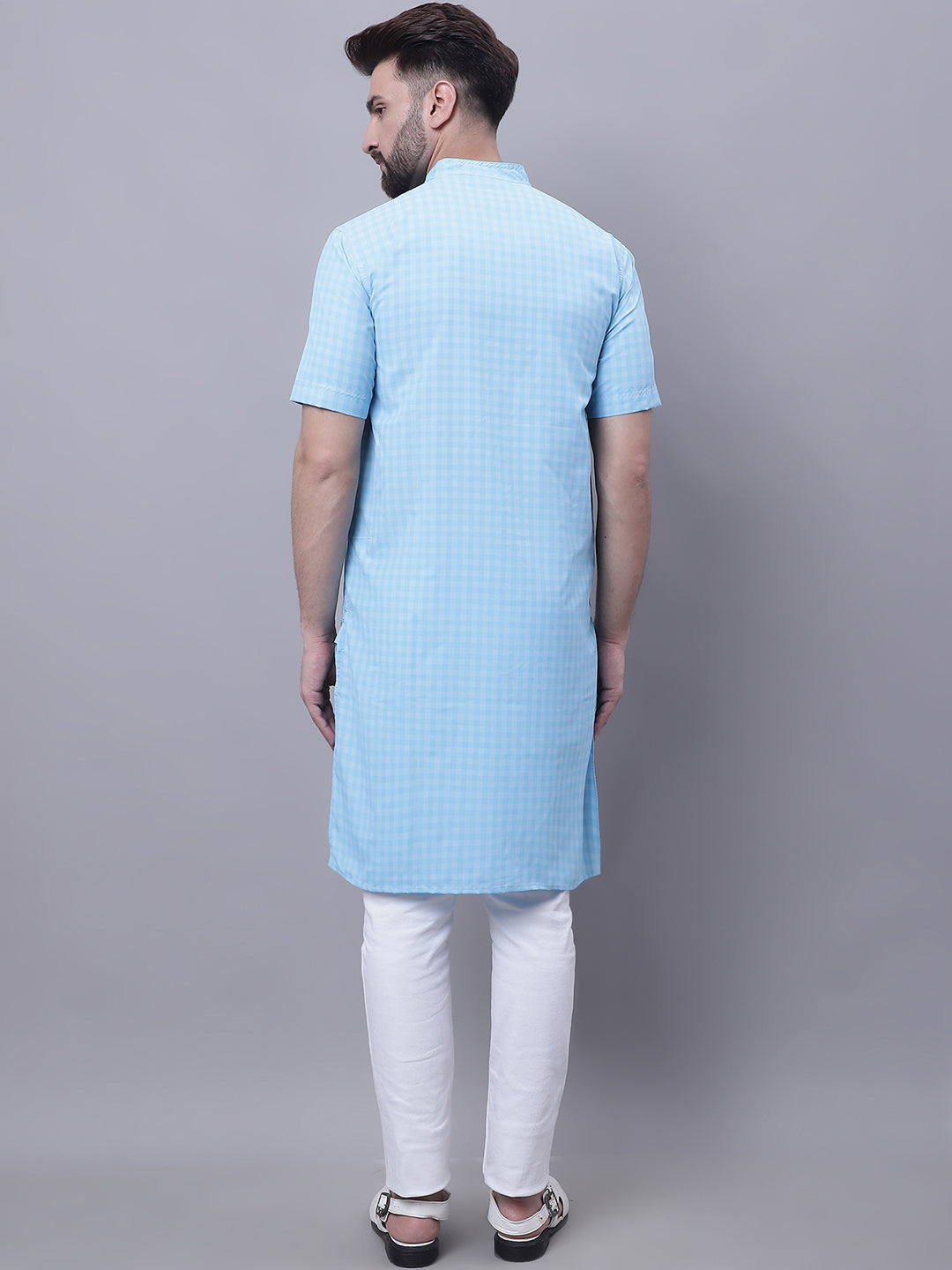 Even Apparels Blue Pure Cotton Short Sleeves Kurta With Band Collar - Distacart