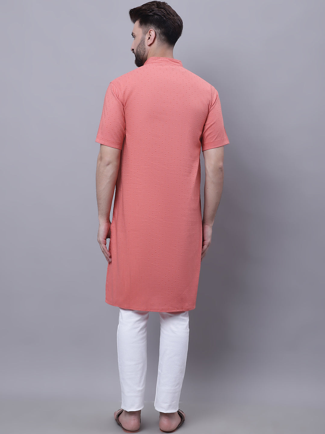 Even Apparels Peach Pure Cotton Short Sleeves Kurta With Band Collar - Distacart