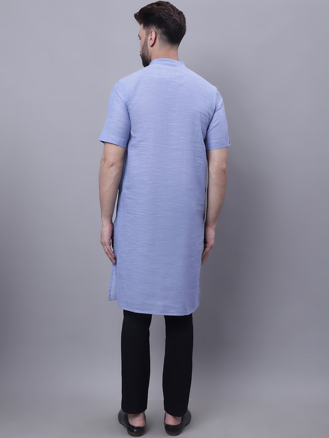 Even Apparels Blue Pure Cotton Short Sleeves Kurta With Band Collar - Distacart