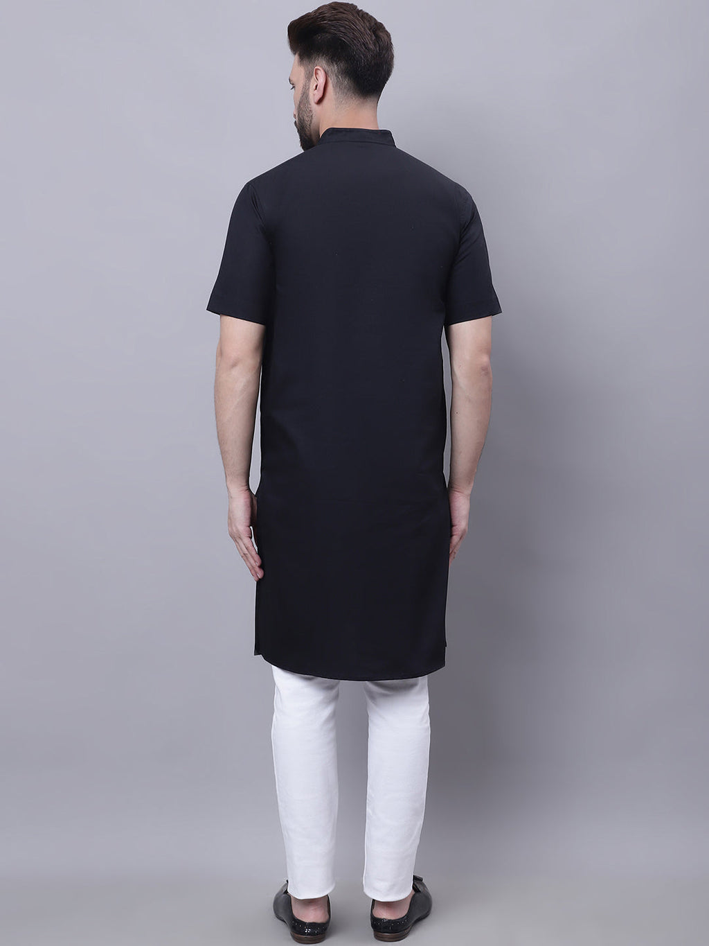 Even Apparels Black Pure Cotton Short Sleeves Kurta With Band Collar