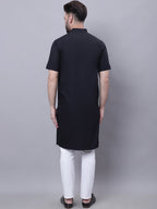 Even Apparels Black Pure Cotton Short Sleeves Kurta With Band Collar