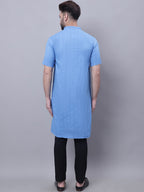 Even Apparels Blue Pure Cotton Short Sleeves Kurta With Band Collar - Distacart