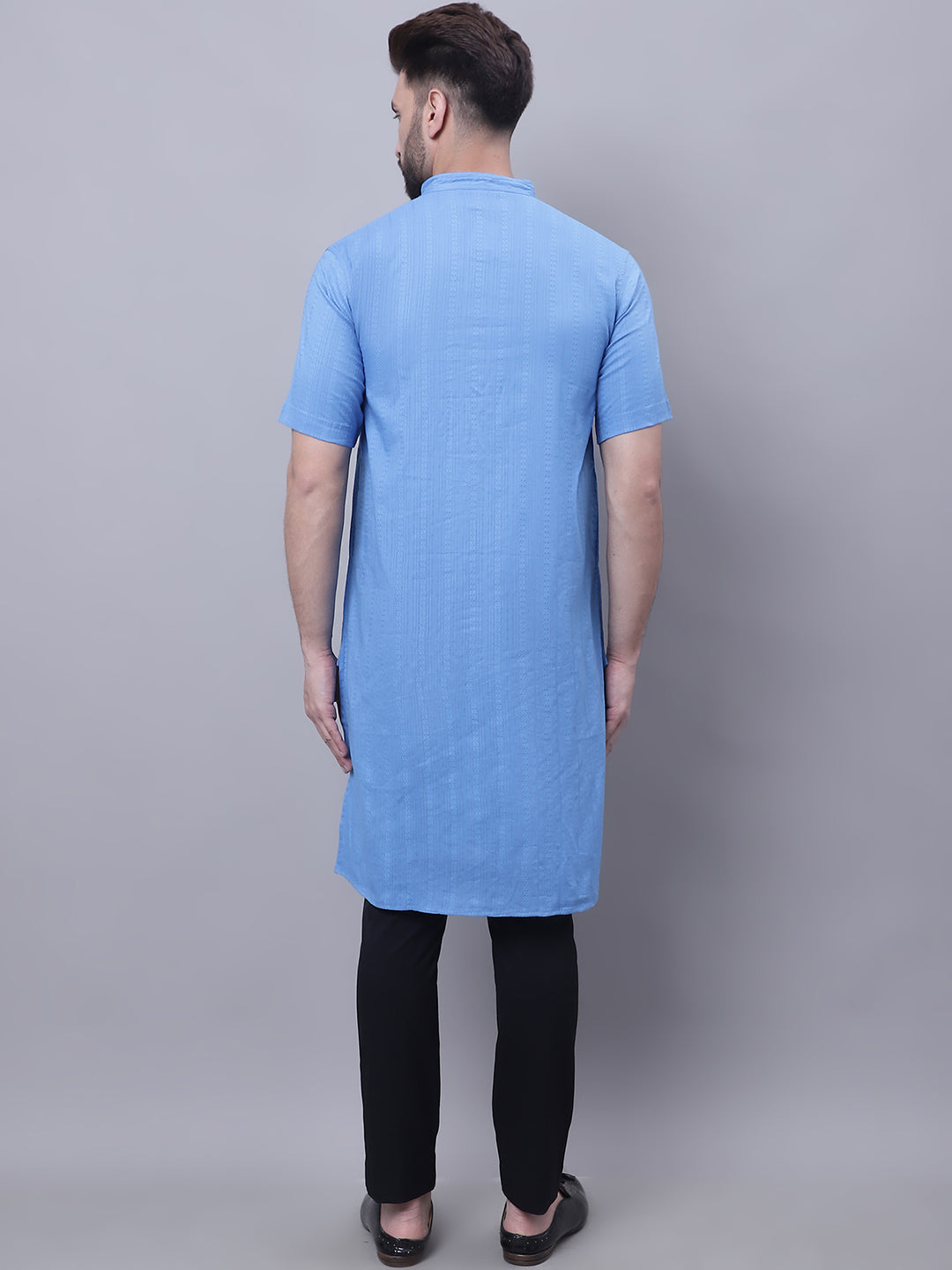 Even Apparels Blue Pure Cotton Short Sleeves Kurta With Band Collar - Distacart