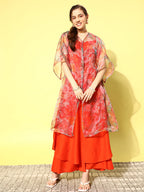 InWeave Women's Orange Strappy Set W Green Organza Cape