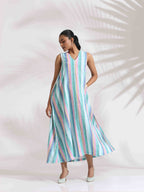 trueBrowns Green Cotton Multi Stripe Flared Dress - Distacart