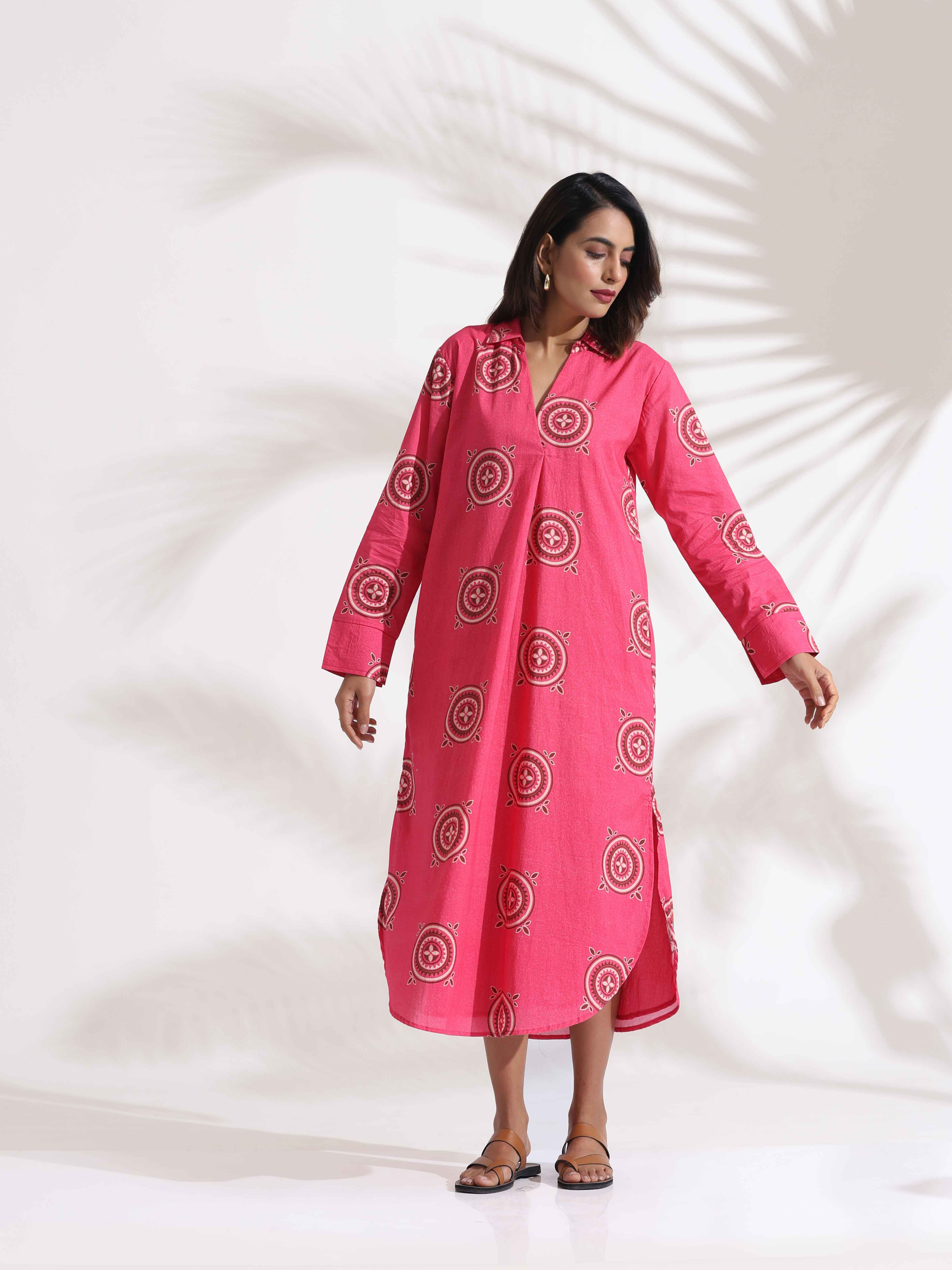 trueBrowns Pink Cotton Print A-line Dress - Distacart