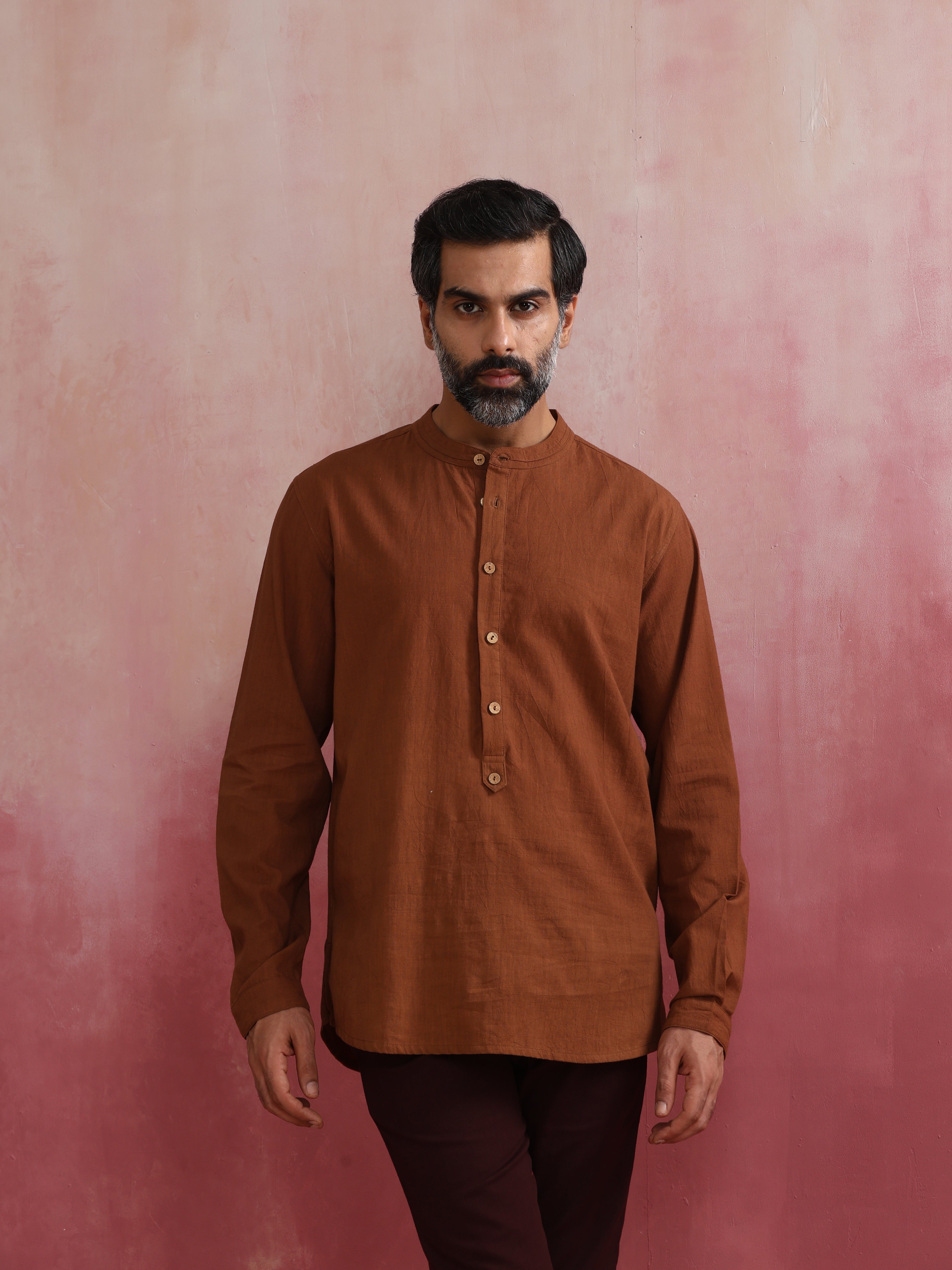 trueBrowns Men's Brown Cotton Mandarin Collar Stylized Kurta
