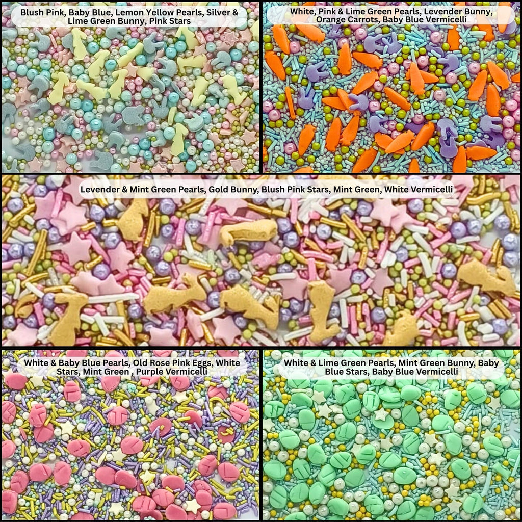 confect spring sprinkles edible mix green pink eggs yellow gold bunny pack of 5 100gms