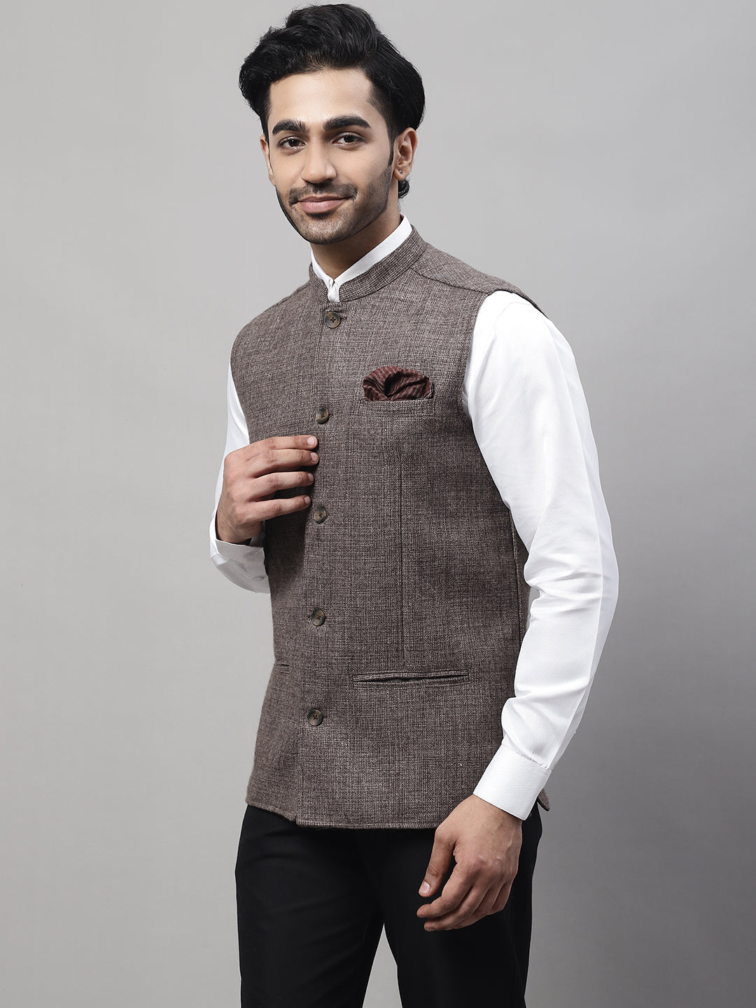 Even Apparels Men's Brown Nehru Jacket With Welt Pockets