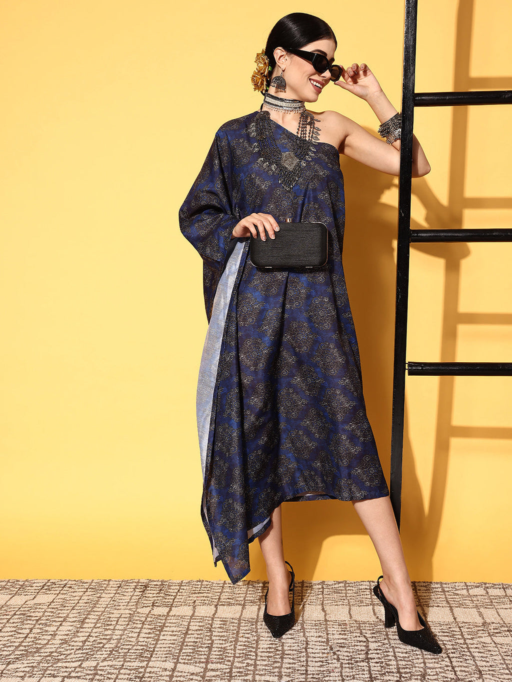 InWeave Women's Indigo Boota Print One Shoulder Kaftan Dress - Distacart