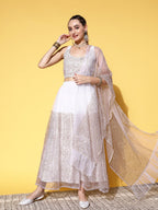 Ahalyaa White & Gold-Toned Printed Ready to Wear Lehenga & Blouse With Dupatta