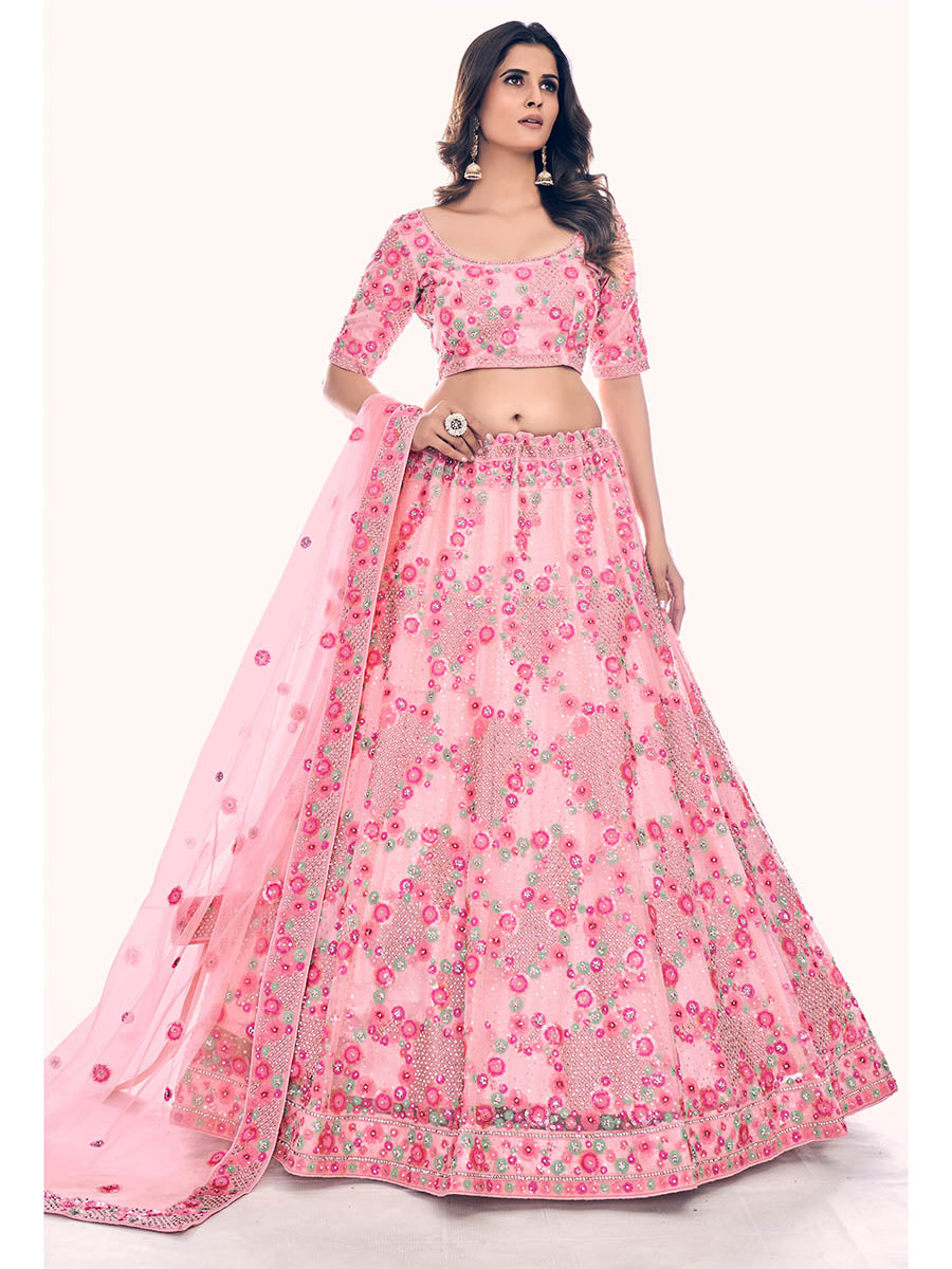Myra Peach Soft Net Embroidered Designer Lehenga Choli