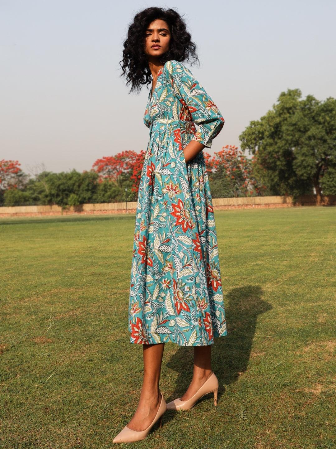 trueBrowns Teal Cotton Block Print Wrap Dress - Distacart