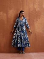 trueBrowns Blue Metallic Flared Anarkali Kurta Set - Distacart