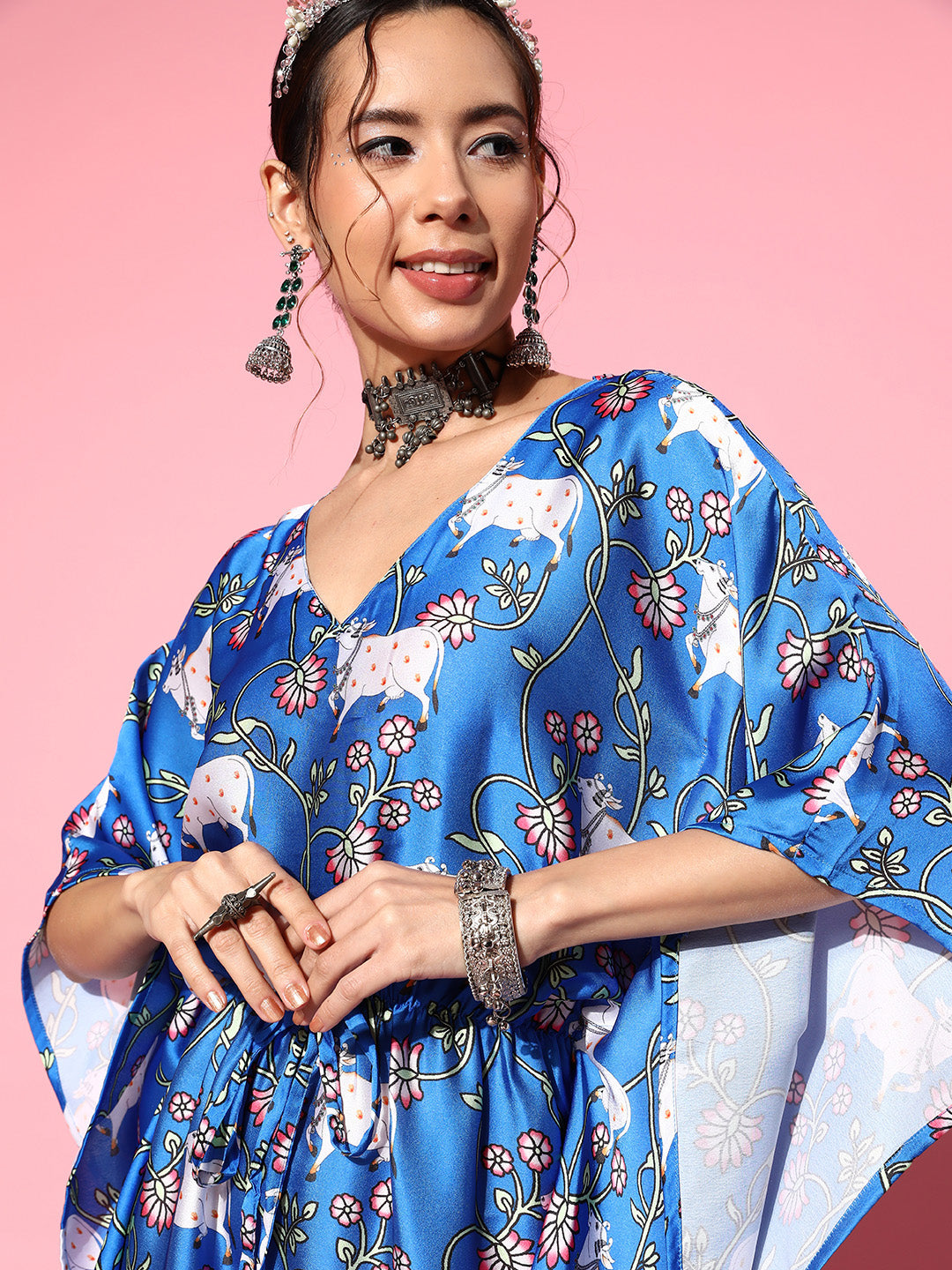 InWeave Women's Ink Blue Indian Bull Print Kaftan - Distacart