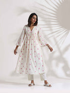 trueBrowns Off-White Cotton Floral Embroidered Flared Kurta Set - Distacart