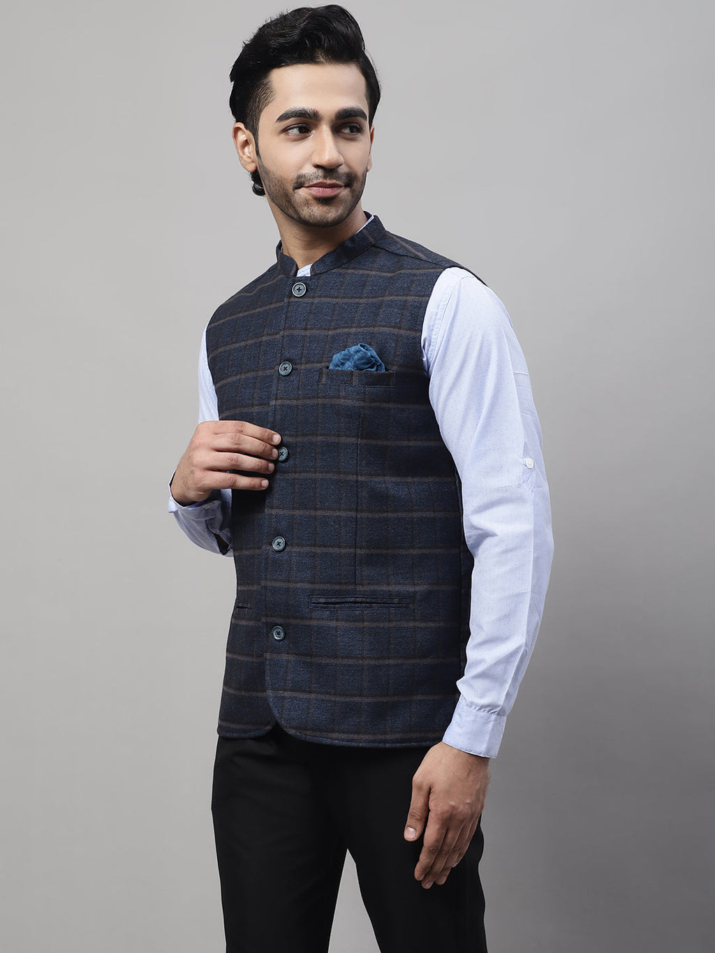 Even Apparels Men's Blue Nehru Jacket With Welt Pockets