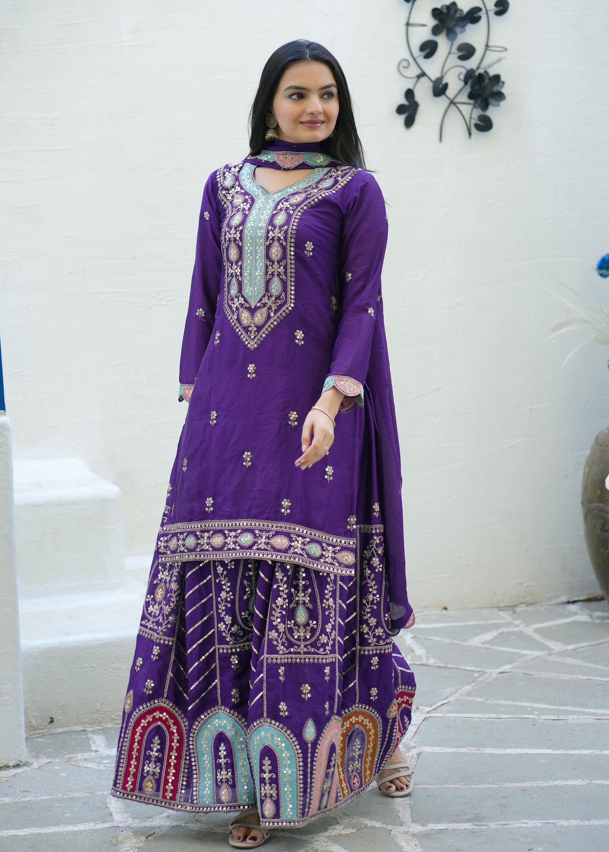 Teeya Creation Purple Color Chinon Silk Heavy Embroidery Work Fully Stitched Sharara Suit