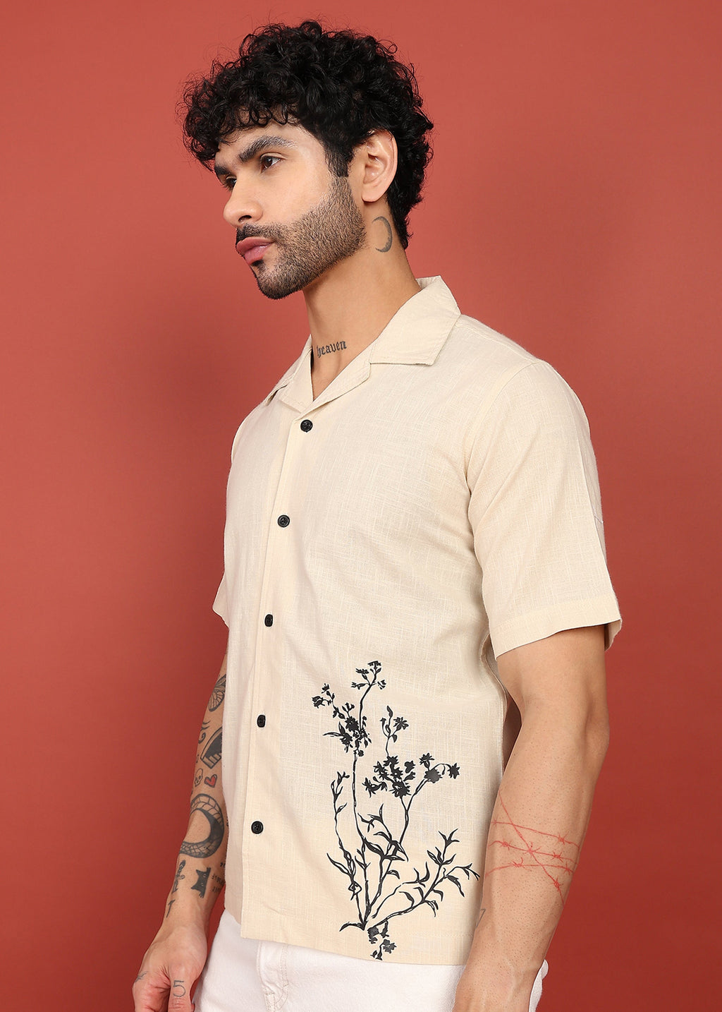 Fabmade Beige Bloom Embroidered Resort Shirt