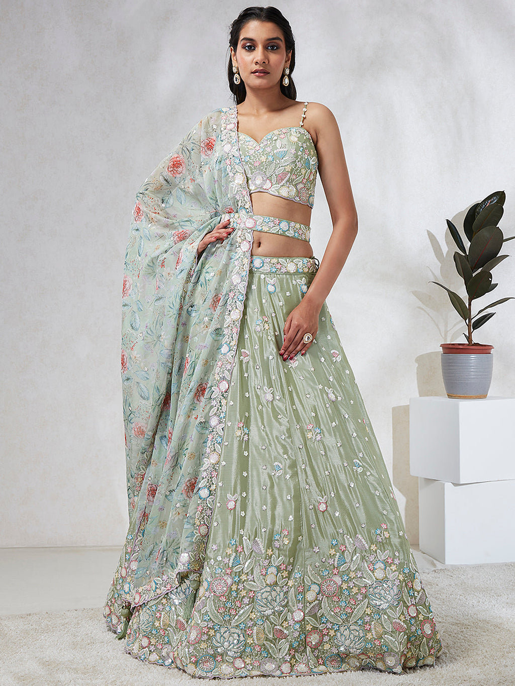 House of Panchhi Lime Green Chiffon Sequins And Thread Embroidery Lehenga Choli & Dupatta