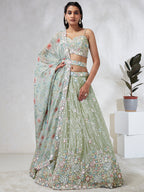House of Panchhi Lime Green Chiffon Sequins And Thread Embroidery Lehenga Choli & Dupatta