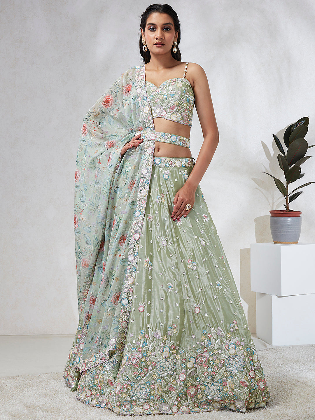 House of Panchhi Lime Green Chiffon Sequins And Thread Embroidery Lehenga Choli & Dupatta