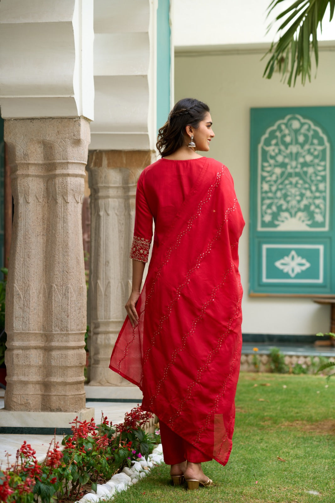The52 Gajari Red Embroidered Chanderi Fabric Straight Kurta, Pant and Dupatta Set - Distacart