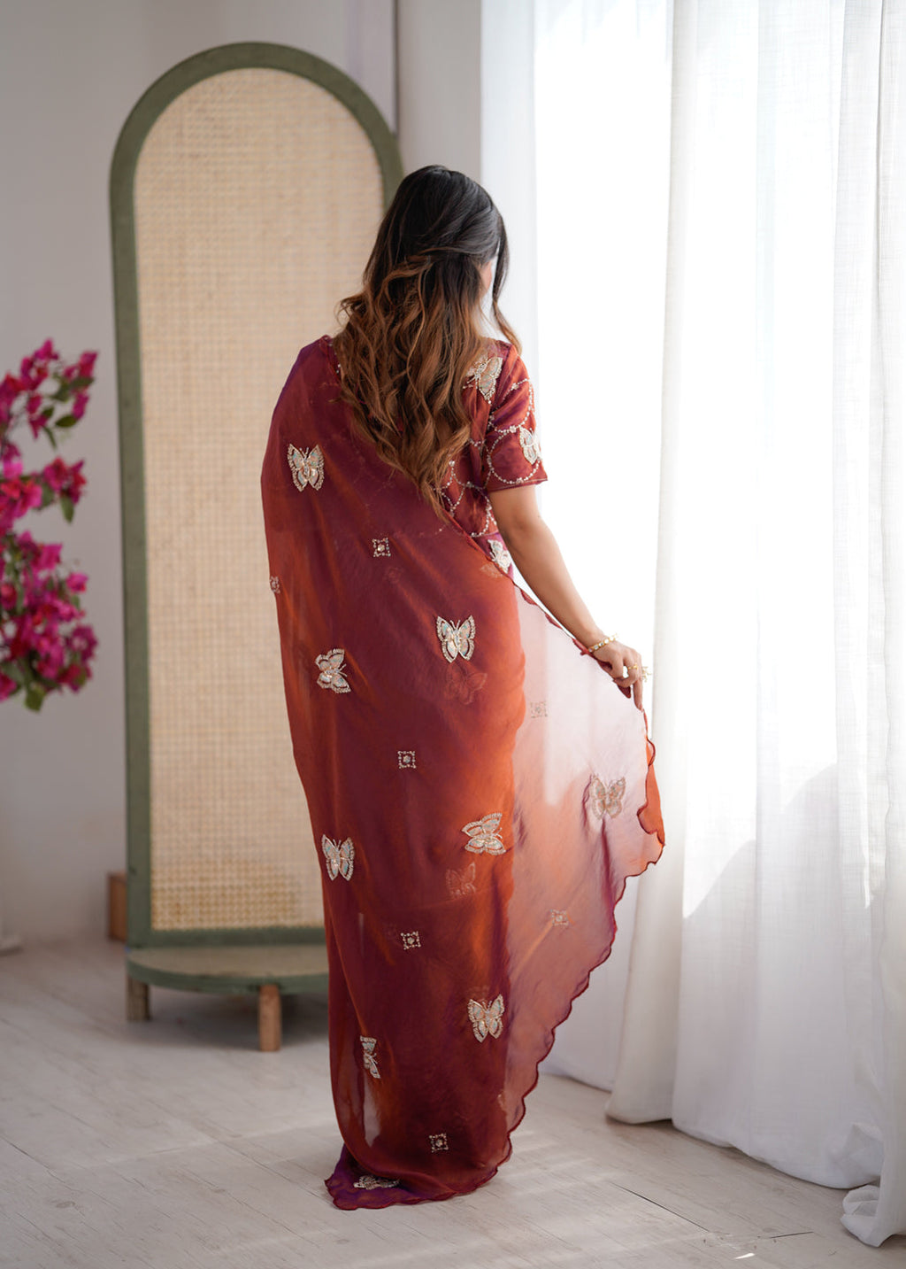 Evanik Rust Mos Silk With Handwork Butterfly Design Saree With Unstitched Blouse - Distacart
