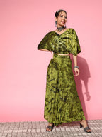 InWeave Women's Olive Tie And Dye New Neckline Top Culottes Set