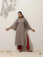 trueBrowns Grey Cotton Linen Kurta Pant Set - Distacart