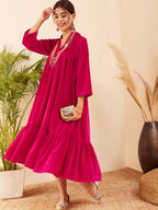 InWeave Women's Fuchsia Velvet Manderia V Neck Flared Dress - Distacart