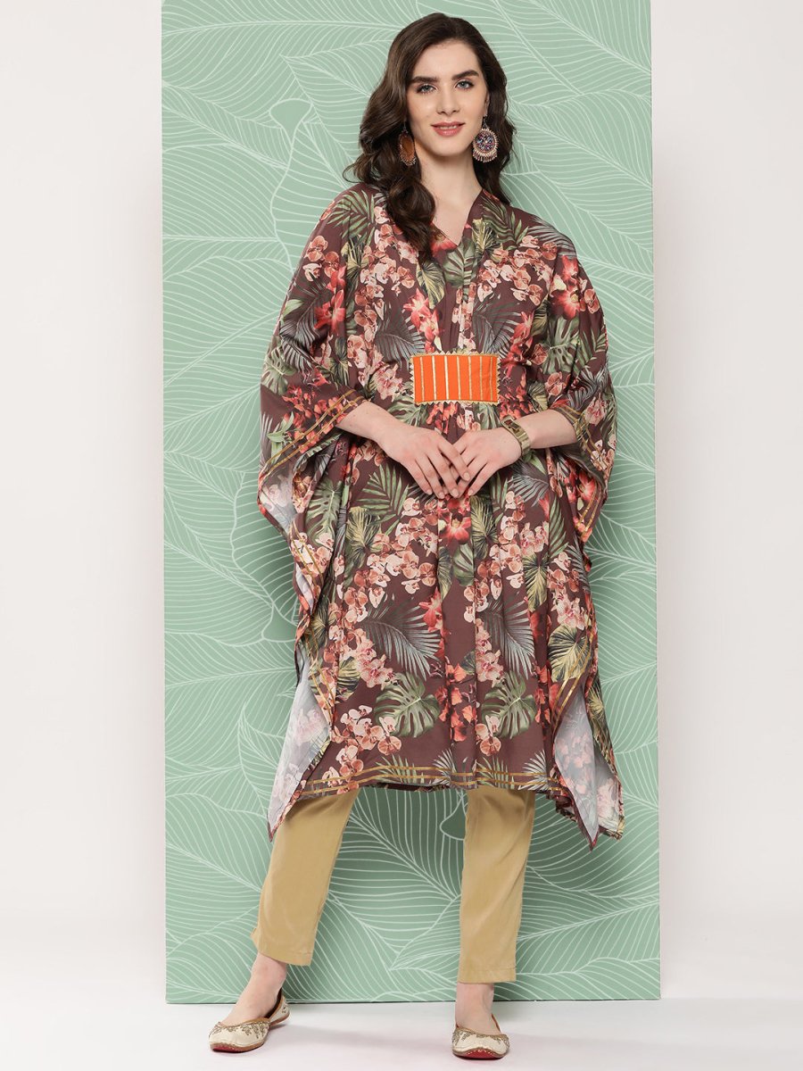 Ahalyaa Women Floral Printed Flared Sleeves Gotta Patti Crepe Kaftan Kurta - Distacart