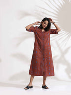 trueBrowns Brown Cotton Print pleated Dress - Distacart