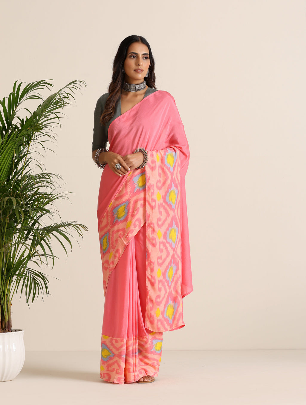 trueBrowns Pink Lime Muslin Ikat Saree