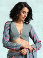 trueBrowns Grey Printed Sleeve Velvet Blouse