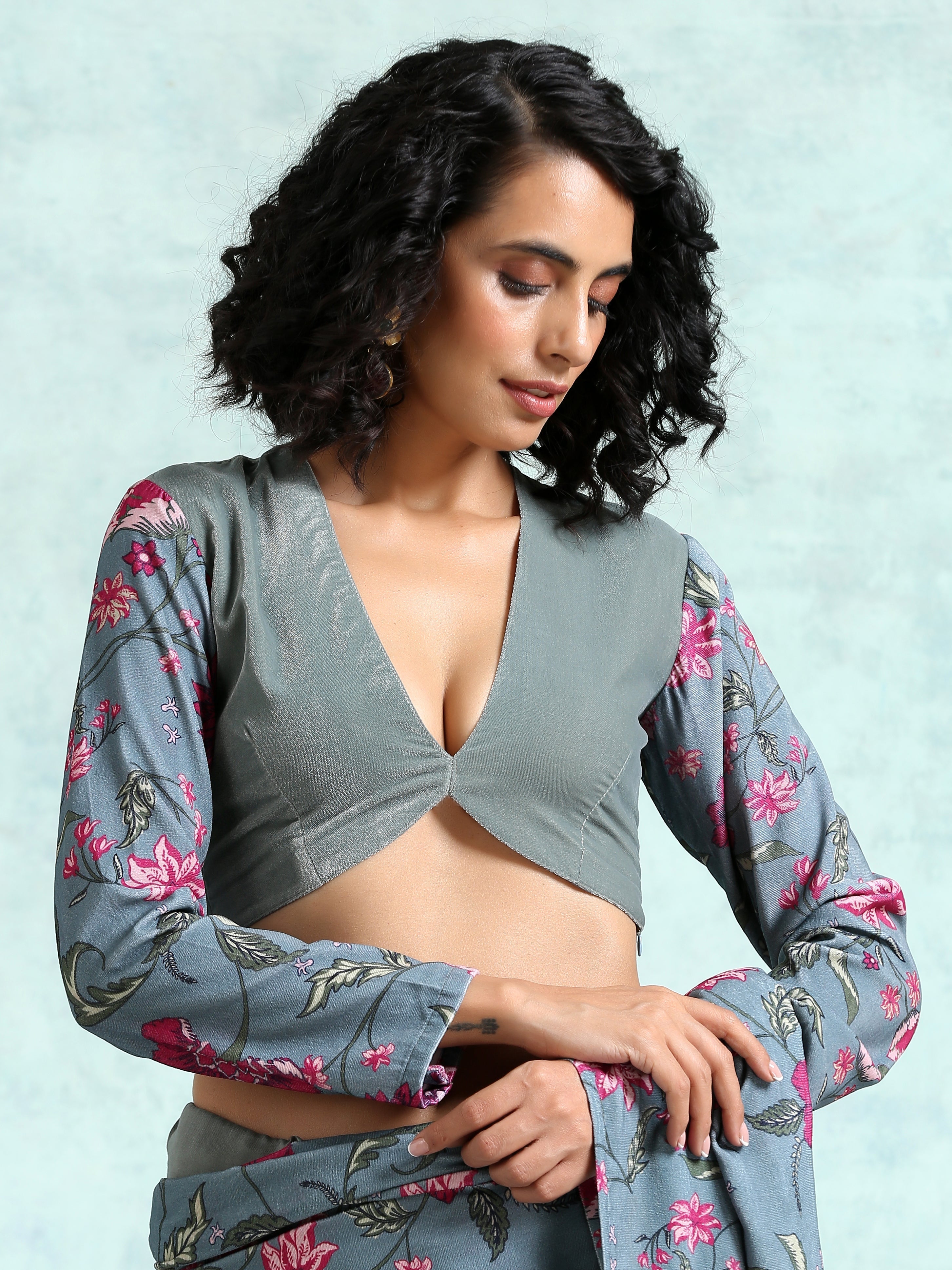 trueBrowns Grey Printed Sleeve Velvet Blouse