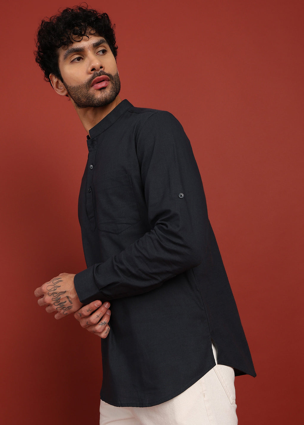 Fabmade Onyx Noir Mandarin Collar Short Kurta