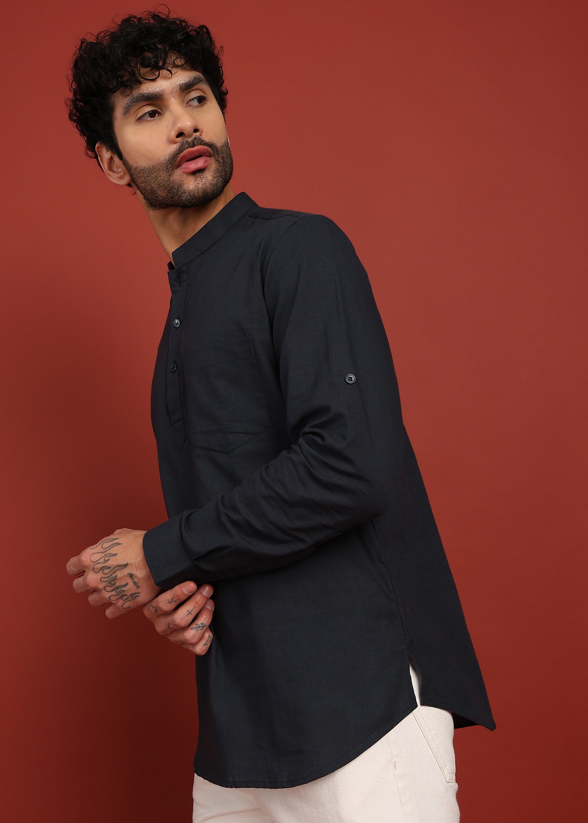 Fabmade Onyx Noir Mandarin Collar Short Kurta