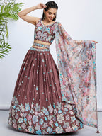 House of Panchhi Rose Gold Pure Georgette Sequins And Thread Embroidery Lehenga Choli & Dupatta