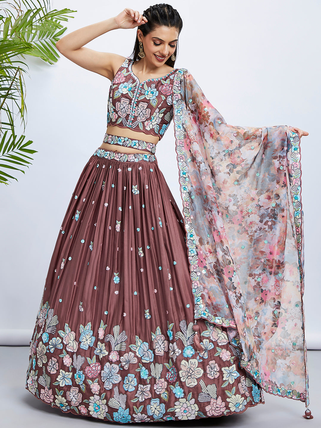 House of Panchhi Rose Gold Pure Georgette Sequins And Thread Embroidery Lehenga Choli & Dupatta