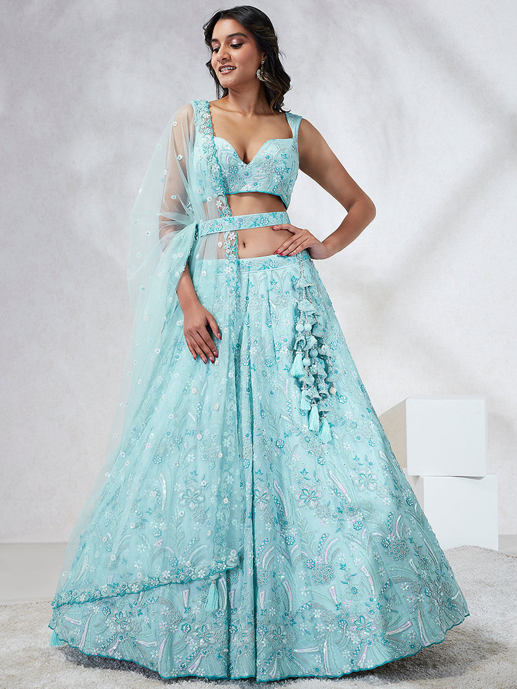 House of Panchhi Turquoise Blue Georgette Sequins And Thread Embroidery Lehenga Choli & Dupatta