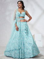 House of Panchhi Turquoise Blue Georgette Sequins And Thread Embroidery Lehenga Choli & Dupatta