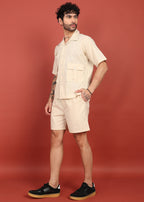 Fabmade Men Beige Cotton Linen Coort-Set Shorts