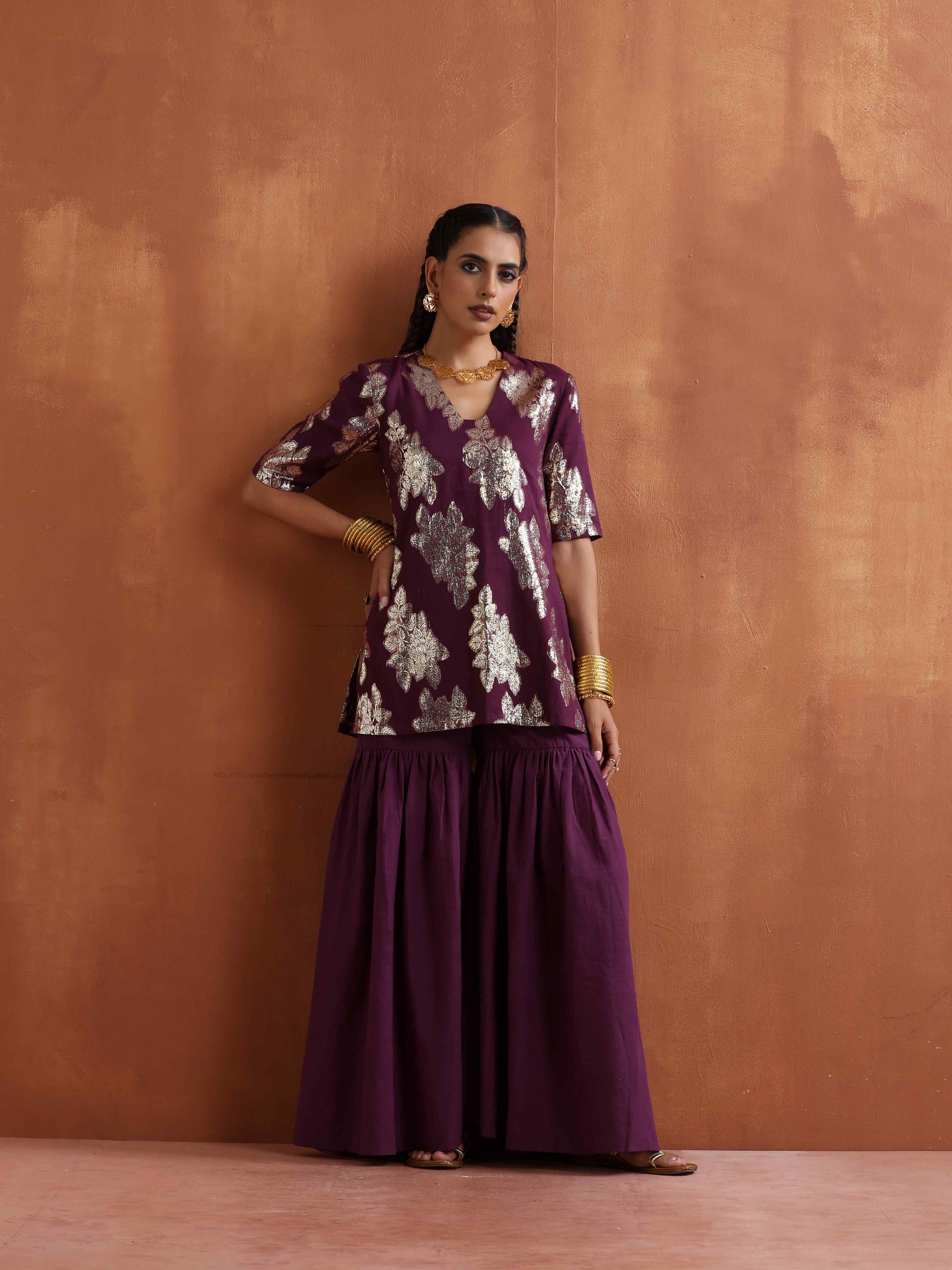 trueBrowns Purple Metallic Sharara Dupatta Set - Distacart