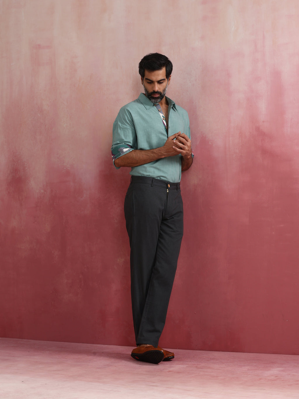trueBrowns Men's Aqua Blue Cotton Shirt Collar Stylized Kurta