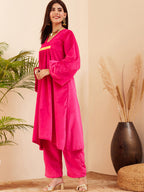 InWeave Women's Magenta V Neck Asymmetrical Pleated Velvet Kurta Set
