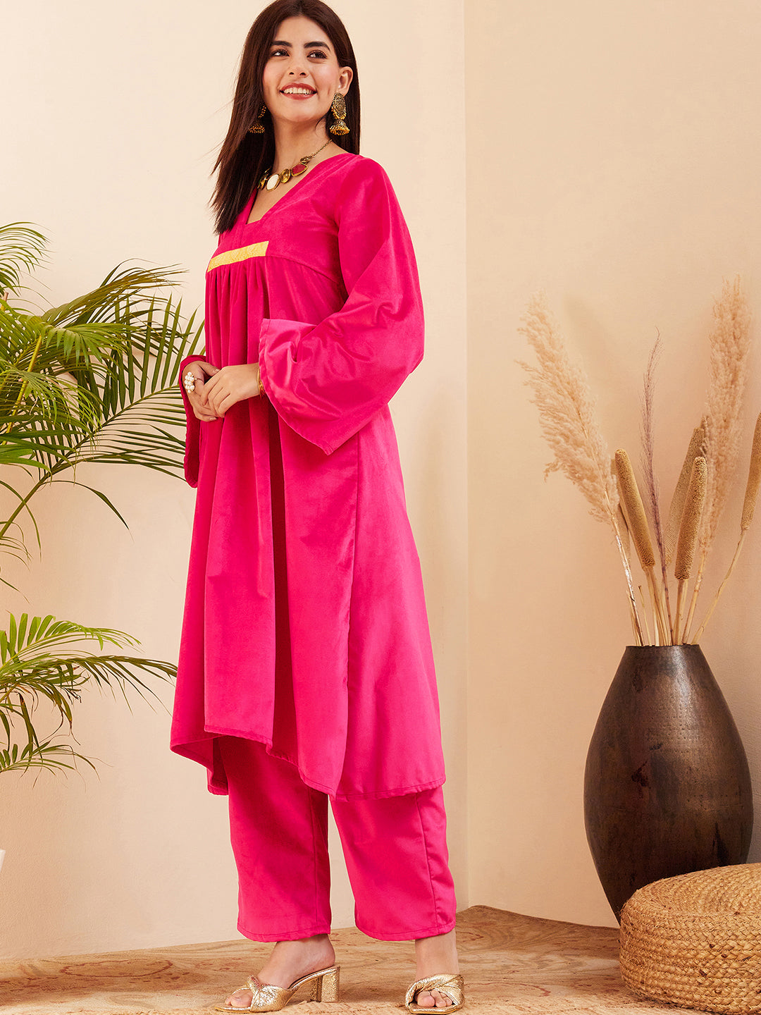 InWeave Women's Magenta V Neck Asymmetrical Pleated Velvet Kurta Set