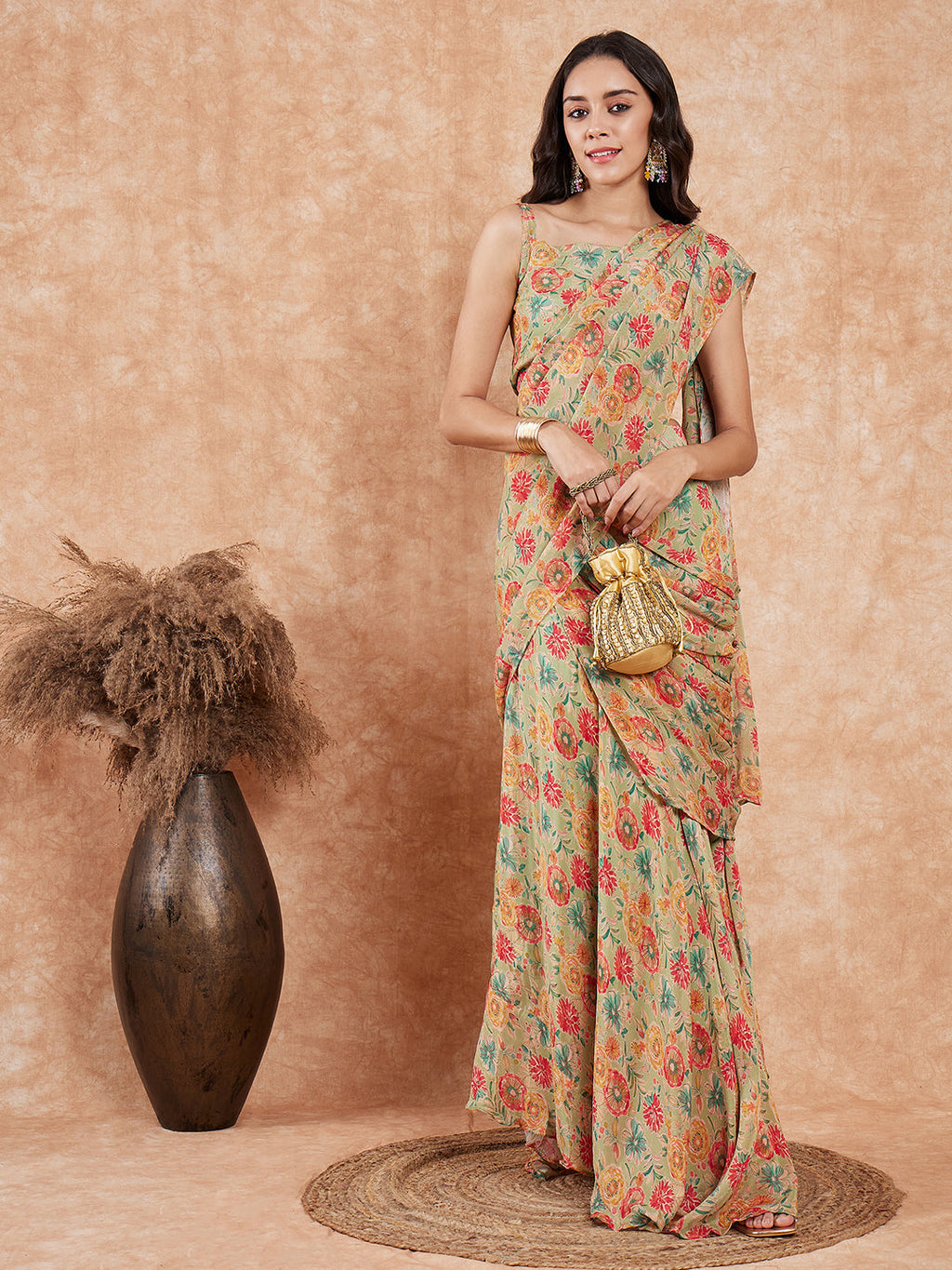 InWeave Women's Pear Green Red Floral Skirt Saree - Distacart