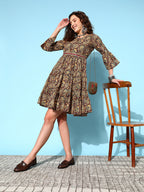 InWeave Women's Brown Kalamkari Print Short Dress - Distacart