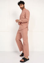Fabmade Men’S Peach Linen Short Kurta Set